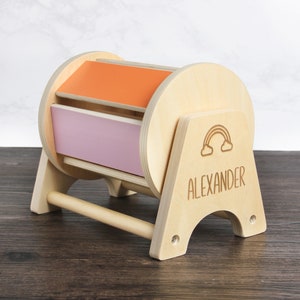 Custom Name Wooden Spinning Rainbow Drum Toy, Personalized Engraved Montessori Educational Play