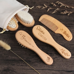 Custom Wooden Baby Hair Brush & Comb Set for Newborns and Toddlers, Personalized Engraved Baby Shower Gift image 1