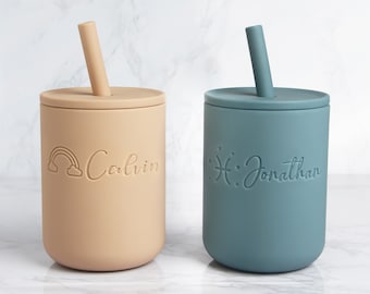 Custom Name Silicone Sippy Cup with Straw for Baby 6+ Months, No Spill, Personalized Engraved Toddler Training Cup - 7oz