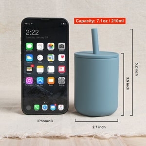 Personalized gray blue silicone baby sippy cup is 5.2 inch height and 2.7 inch width, and the same height as Iphone 13.