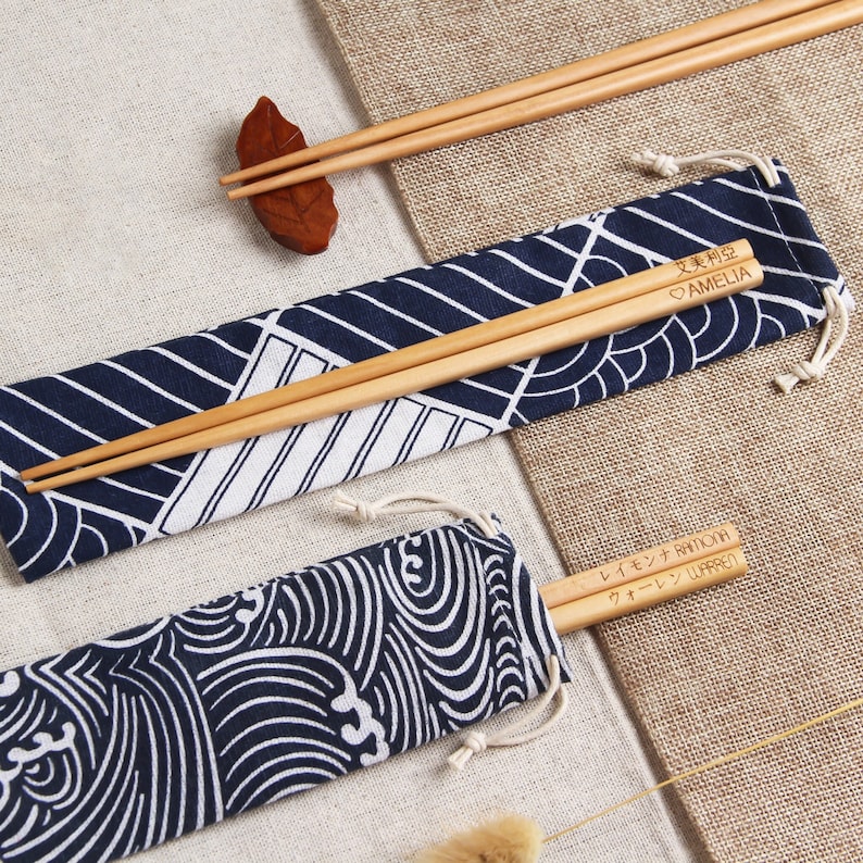 Custom Engraved Chopsticks with Japanese Style Fabric Pouch, Personalized Wedding Favor, Asian Gift image 1