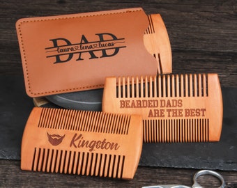 Peine de barba de madera personalizado con estuche, peine de bigote de bolsillo grabado personalizado, dientes finos y gruesos