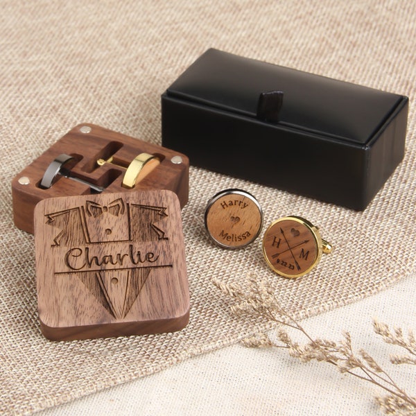 Personalized Wooden Cufflinks, Gift Box, Custom Engraved Wood Cufflinks, Gift for Wedding Day Anniversary Birthday
