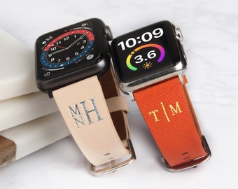 Monogrammed Genuine Leather Apple Watch Band for Women, Personalized Hot Foil Stamping