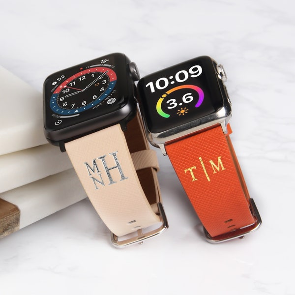 Monogrammed Genuine Leather Apple Watch Band for Women, Personalized Hot Foil Stamping