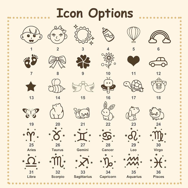 Cute icons and zodiac signs are available for custom laser engraving on the personalized silicone baby chewing toy.