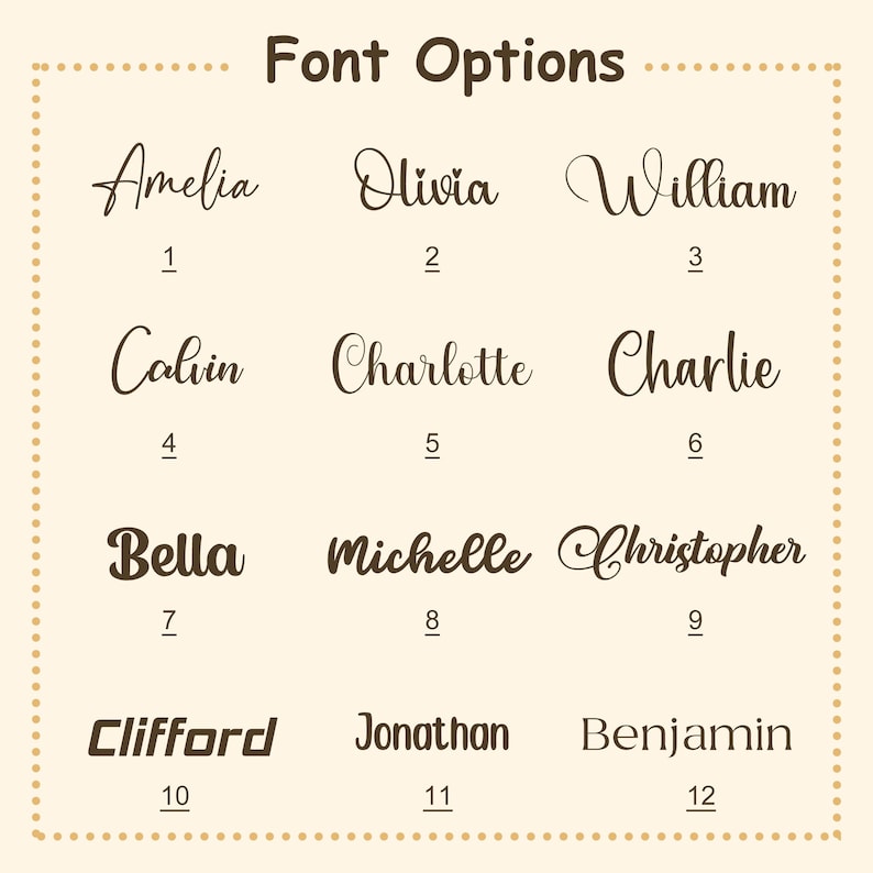 Available font styles for laser engraving on personalized silicone baby training sippy cup.