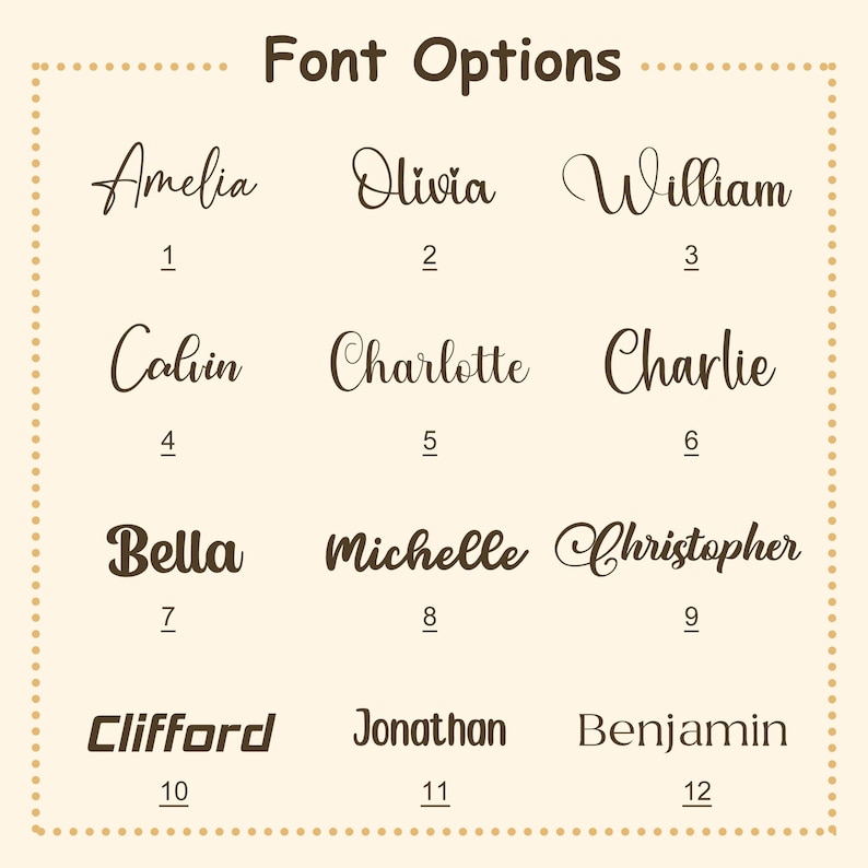 Beautiful font styles are available for custom laser engraving on the personalized silicone baby teething ring toy.