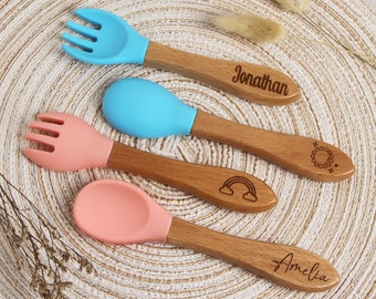 Custom Name Silicone Baby Cutlery Set with Wooden Handle, Personalized Engraved Toddler Fork and Spoon for Baby Shower or New Mom Best Gift