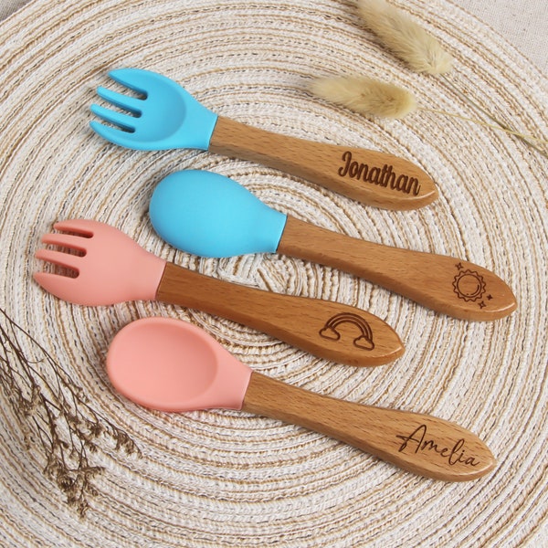 Custom Name Silicone Baby Cutlery Set with Wooden Handle, Personalized Engraved Toddler Fork and Spoon for Baby Shower or New Mom Best Gift