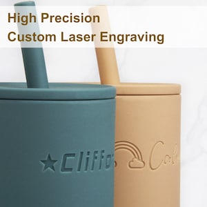 High precision laser engraved names,  star, and rainbow icon on  the silicone baby sippy cup