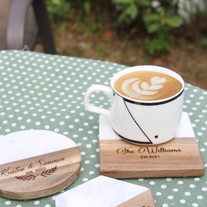 Custom Engraved Marble Wood Coaster Set, Personalized Gift for Housewarming, Wedding, Anniversary image 2
