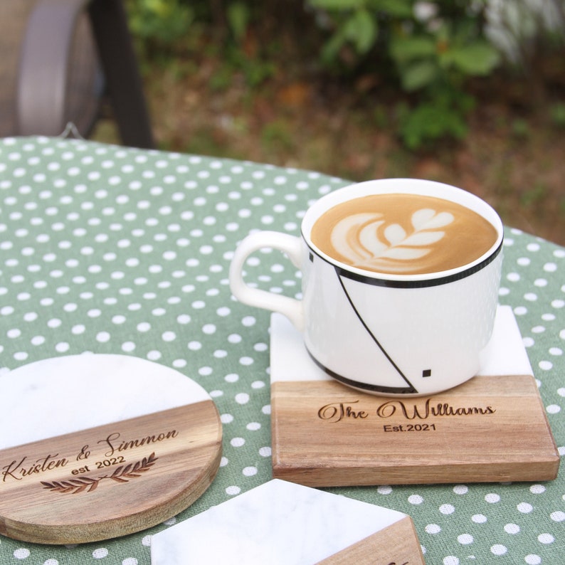 Custom Engraved Marble Wood Coaster Set, Personalized Gift for Housewarming, Wedding, Anniversary image 2