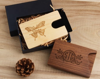 Personalized Business Card Holder, Gift Box, Custom Engraved Wood Business Card Case for Corporate Employee Groomsman Gift