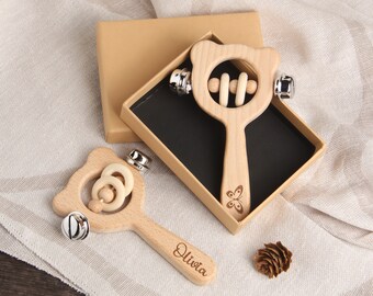 Personalized Wooden Bell Rattle with Gift Box, Custom Name Baby Sensory Toy, Montessori Educational Play Gift for Baby & Kids