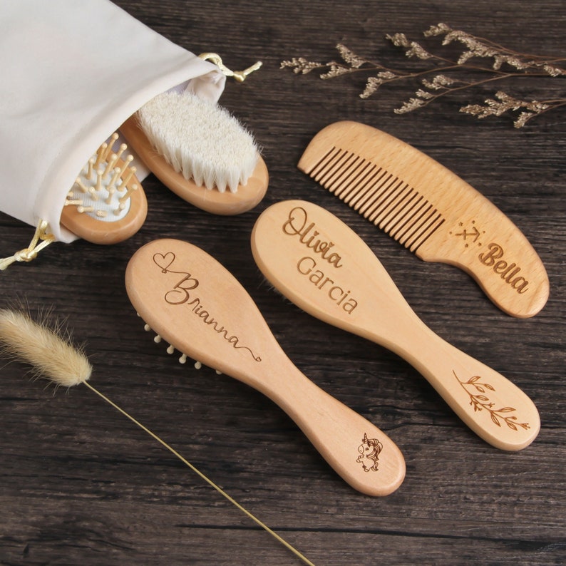 Custom Wooden Baby Hair Brush & Comb Set for Newborns and Toddlers, Personalized Engraved Baby Shower Gift image 1