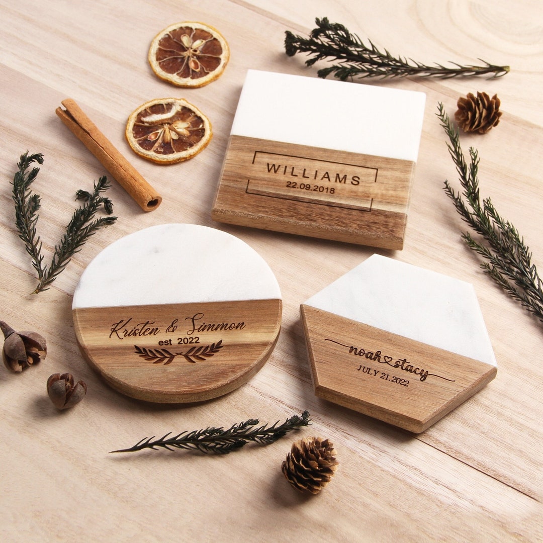Custom Engraved Marble Wood Coaster Set, Personalized Gift for
