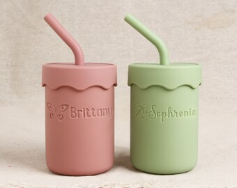 Custom Name Silicone Straw Sippy Cup for Baby, Personalized Engraved Non-Spill Toddler Training Cup-5oz