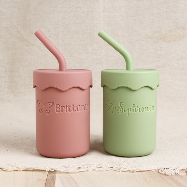 Custom Name Silicone Straw Sippy Cup for Baby, Personalized Engraved Non-Spill Toddler Training Cup-5oz