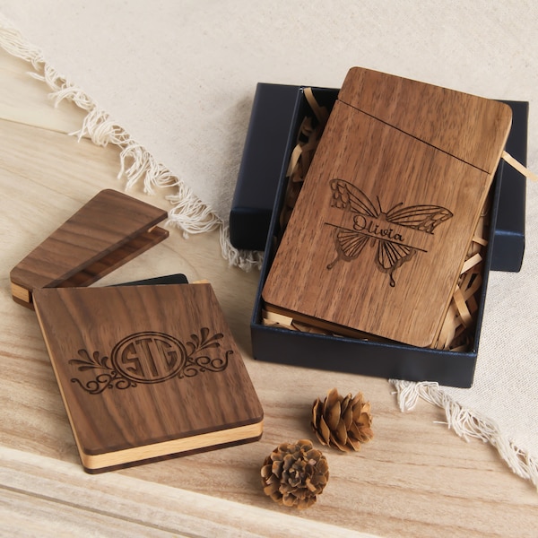 Personalized Business Card Holder, Gift Box, Custom Engraved Magnet Closure Wood Business Card Case for Corporate Employee Gift