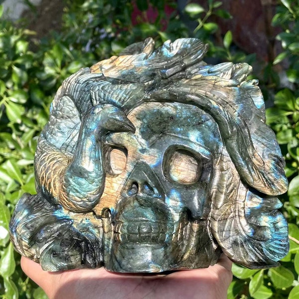 8.46" Big Natural labradorite peacock skull quartz crystal hand carved peacock skull crystal gift reiki healing 8.8LB