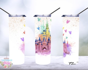 Watercolor Castle, Magic kingdom, Mouse, Balloons sublimation Wrap | 20 oz Straight Tumbler