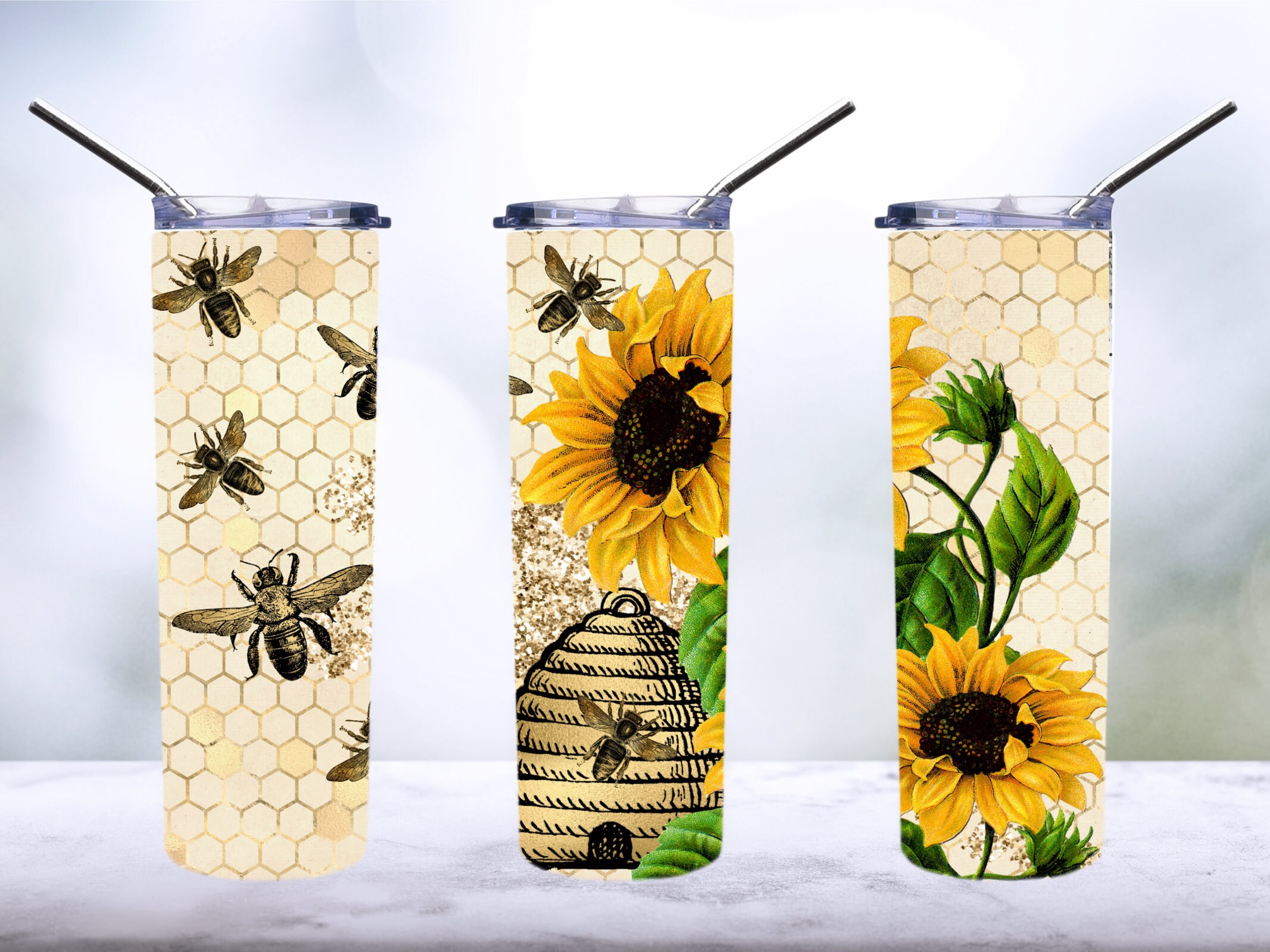 ひまわりと蜂 ひまわりとハチの昇華タンブラー | PNG 20 オンス スキニータンブラー