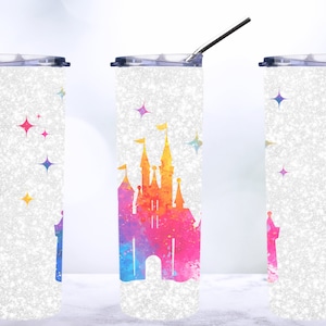 May include: Three white glitter stainless steel tumblers with a rainbow watercolor castle design and stars. The tumblers have clear lids and come with matching straws.