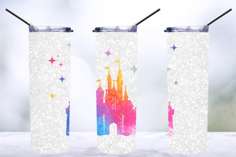 May include: Three white glitter stainless steel tumblers with a rainbow watercolor castle design and stars. The tumblers have clear lids and come with matching straws.