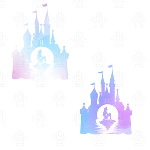 May include: Two watercolor illustrations of a castle with a mermaid sitting in front of it. The castle is a light blue and pink color and the mermaid is a silhouette.