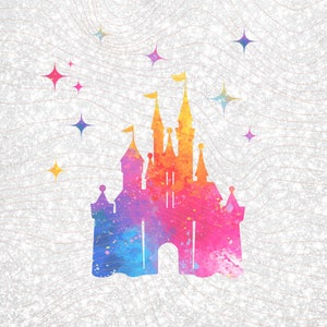 May include: A watercolor illustration of a pink, blue, and yellow castle with stars in the background. The castle is a silhouette with a white background.