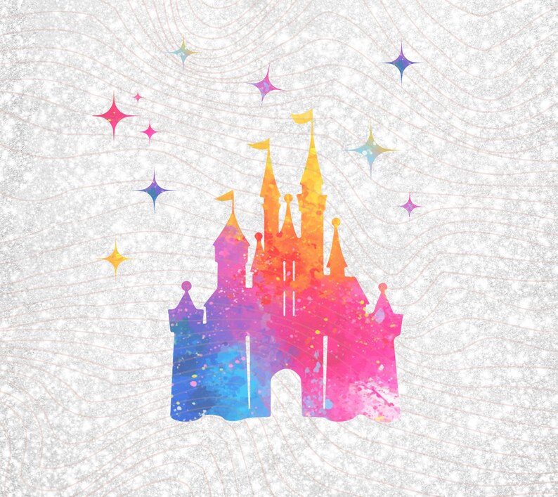 May include: A watercolor illustration of a pink, blue, and yellow castle with stars in the background. The castle is a silhouette with a white background.