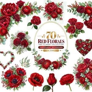 70 röda blommor clipart-paket | Akvarell vinröda rosor och pioner PNGs | Bröllopsdekorationer, ramar, kanter | Kommersiellt bruk