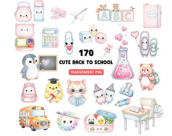 May include: A collection of watercolor illustrations featuring school-themed items. Includes a pink lunch bag, a blue water bottle, a stapler, a paper airplane, ABC blocks, a pink notebook, a calculator, and a penguin with a chalkboard.