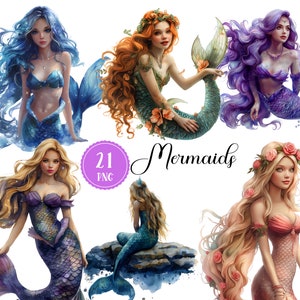 21 dessins de sirènes aquarelles | Jolies sirènes à la mode PNG | Téléchargement numérique