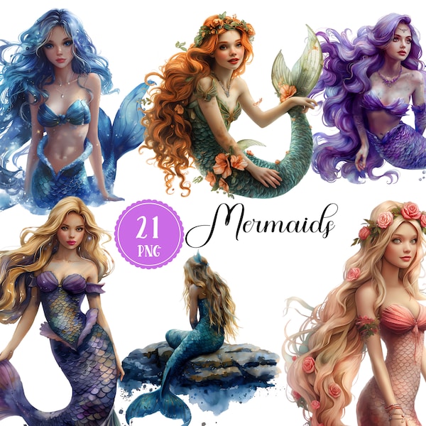 21 Aquarell Meerjungfrau Clipart Bundle | Hübsche modische Meerjungfrauen PNG | Digitaler Download