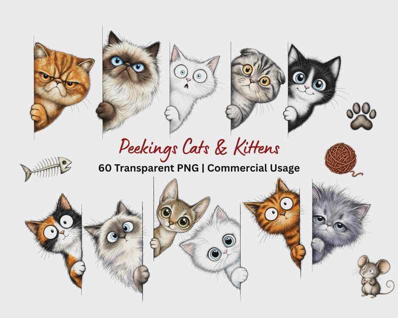 May include: A collection of digital illustrations featuring various cats and kittens peeking from behind vertical edges. The set includes a fish skeleton, a ball of yarn, and a small mouse, with the text Peekings Cats & Kittens 60 Transparent PNG | Commercial Usage.