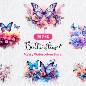 Aquarel bloemen vlinder clipart | 20 transparante png-bestanden van hoge kwaliteit voor commercieel gebruik | Vlinders met bloemen | Directe digitale download
