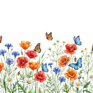 May include: Watercolor illustration of a vibrant wildflower meadow. The image features red poppies, orange and white daisies, blue cornflowers, and butterflies in shades of orange, yellow, and blue against a white background.