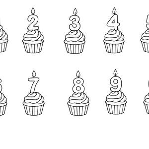 May include: Black and white line art illustration of ten cupcakes, each topped with a candle in the shape of a number from zero to nine. The cupcakes have a swirled frosting design and are in paper liners.
