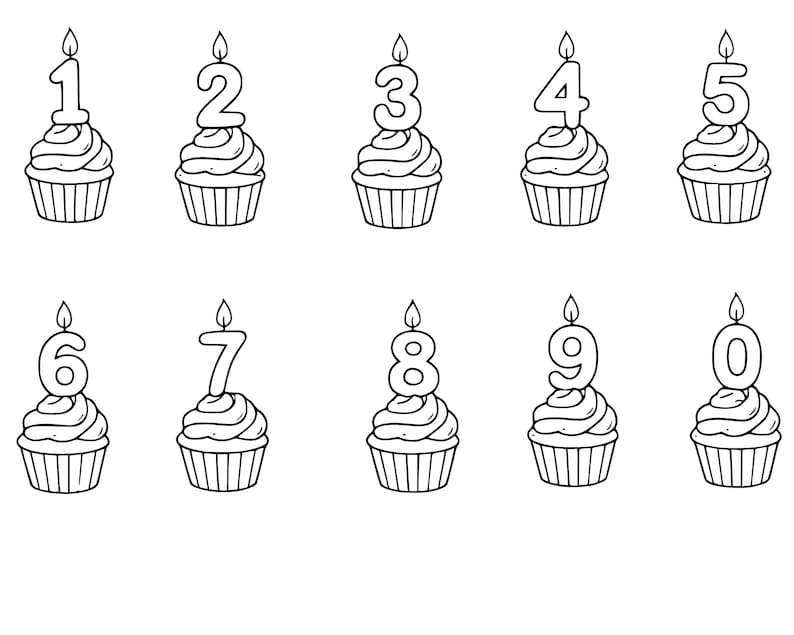 May include: Black and white line art illustration of ten cupcakes, each topped with a candle in the shape of a number from zero to nine. The cupcakes have a swirled frosting design and are in paper liners.