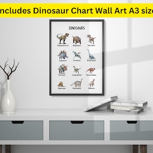 May include: A white framed chart with the word "Dinosaurs" at the top. The chart features illustrations of different dinosaurs with their names listed below each image. The chart is on a white shelf with a vase and books.