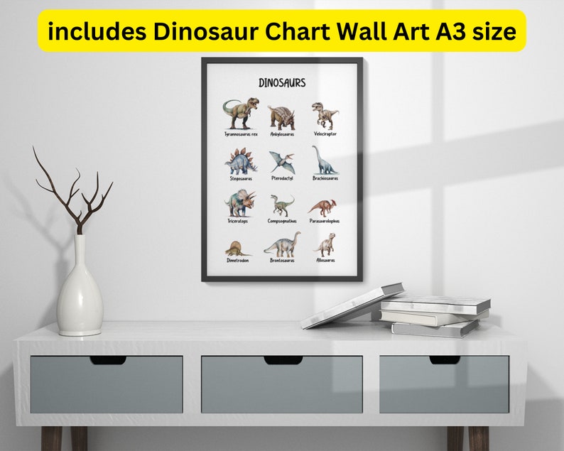 May include: A white framed chart with the word "Dinosaurs" at the top. The chart features illustrations of different dinosaurs with their names listed below each image. The chart is on a white shelf with a vase and books.