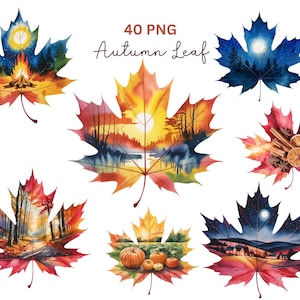Puede incluir: Ilustraciones en acuarela de hojas de arce con temas otoñales. Cada hoja presenta una escena diferente, incluyendo una fogata, un bosque con luna llena, una puesta de sol sobre un lago y calabazas. También se incluye el texto "40 PNG Autumn Leaf".