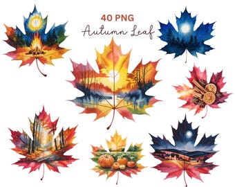 40 Watercolor Autumn Leaf Sublimation Design Clipart | Fall Scenery Autumn Sunset | Autumn Landscape clipart | Digital Download