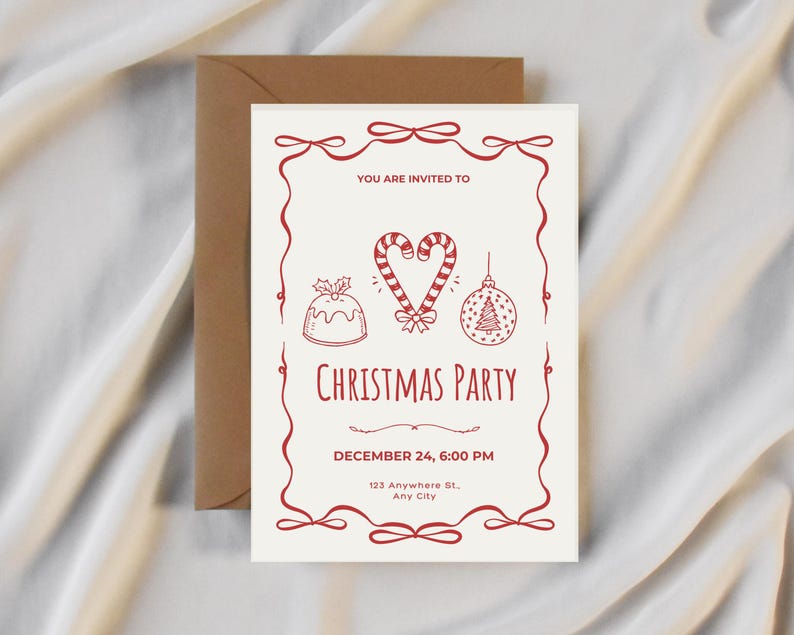 May include: A cream-colored Christmas party invitation with red decorative borders and illustrations of a pudding, candy canes, and a Christmas tree ornament. The invitation includes the text "CHRISTMAS PARTY" and event details.