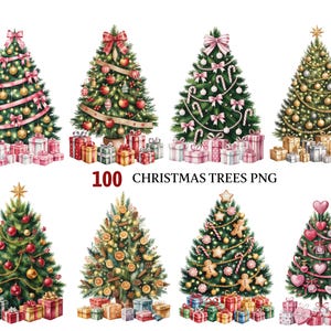 May include: Watercolor illustrations of eight decorated Christmas trees with various ornaments, including ribbons, baubles, and gingerbread men. Each tree is surrounded by wrapped gift boxes. The text "100 CHRISTMAS TREES PNG" is displayed.