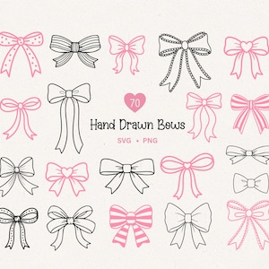 May include: A selection of hand-drawn bows in pink and black. The bows feature various designs, including dotted, striped, and heart shapes. The text "Hand Drawn Bows" is displayed with the number "70" in a pink heart.