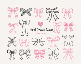 70 handgetekende boog SVG PNG-bundel | Coquette Bow-svg | Boogkrabbels | Leuke lintkrabbels | Digitale download