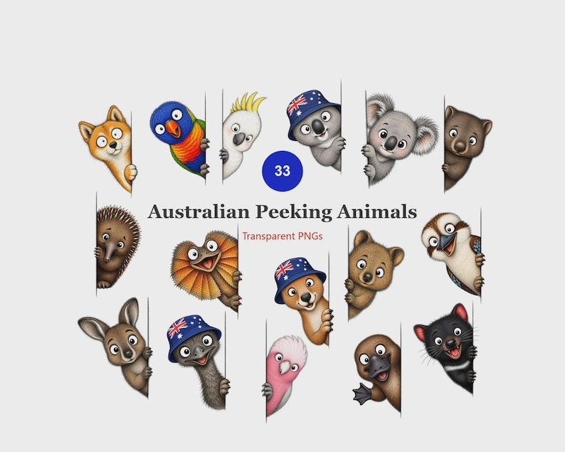 May include: A collection of 33 Australian Peeking Animals transparent PNGs featuring illustrations of a dingo, parrot, cockatoo, koala, wombat, echidna, frilled lizard, kangaroo, emu, platypus, and Tasmanian devil, some wearing Australian flag hats.